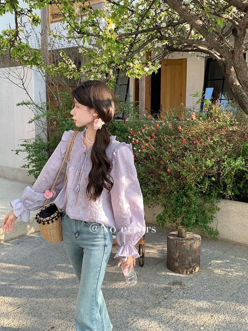 Women Vintage Ruffle Tie Latern Flare Sleeves Tops